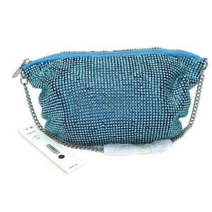 Aqua Crystal Glass Mesh Beaded Shoulder Bag in Blue New